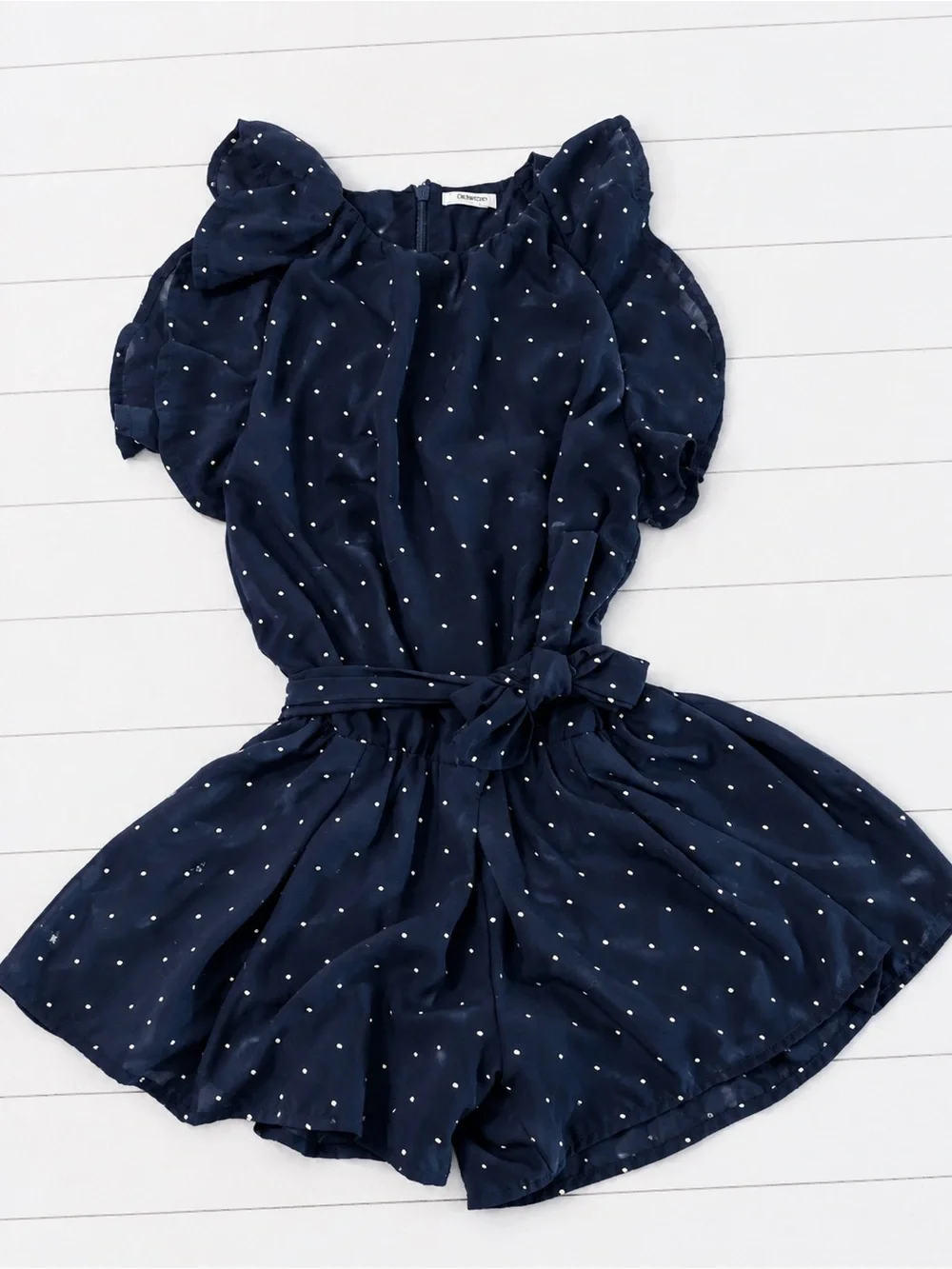 Girls 7 Navy Polka Dot' Short Romper with Tie Waist